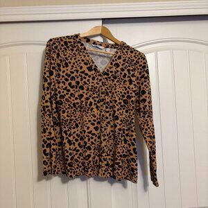 Isaac Mizrahi Live! Button Down Shirt Small Leopard Print Long Sleeve V Neck